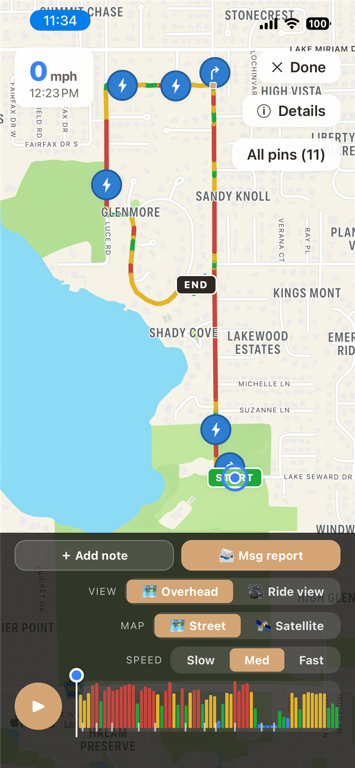A full ride drawn end-to-end on the map, the route colored by real speed from start to finish