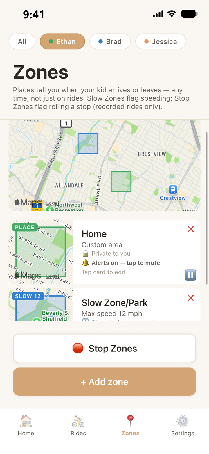 Zones screen with a Home place and a slow zone drawn on the map